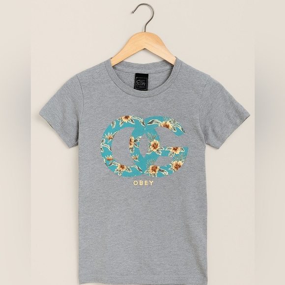 Obey Tops - OBEY Women’s Gray Floral Logo T-Shirt Size Small Streetwear Meets Feminine Style